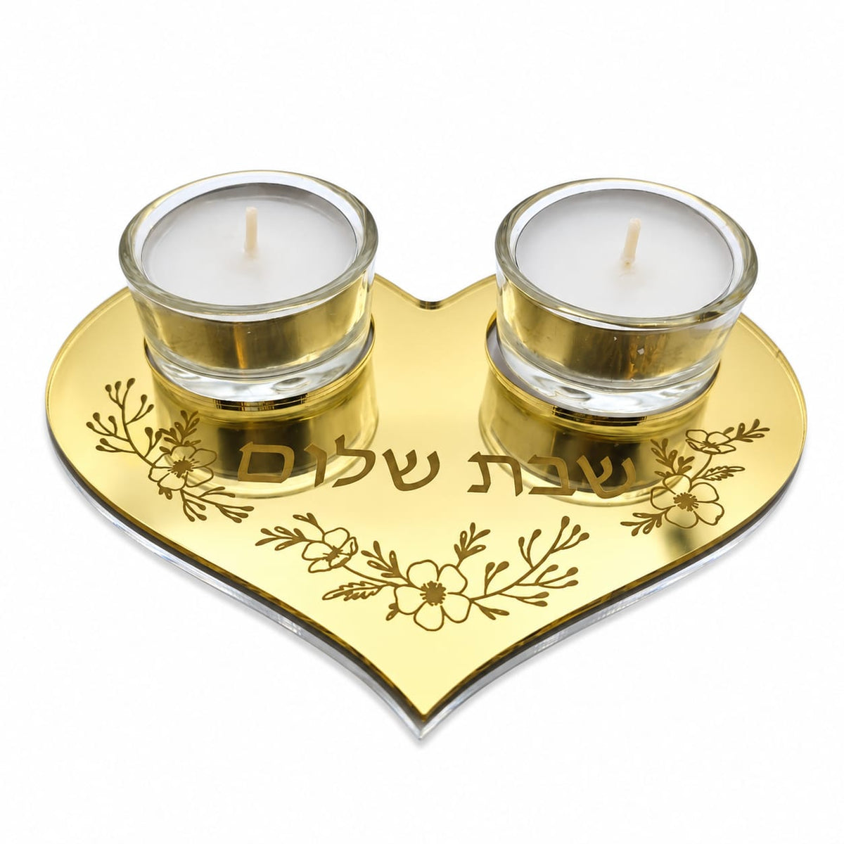Personalized Heart Shabbat Candle Tray – Shabbat Shalom Hebrew Acrylic Candle Holder, Hostess Gift | Model LSN-4030