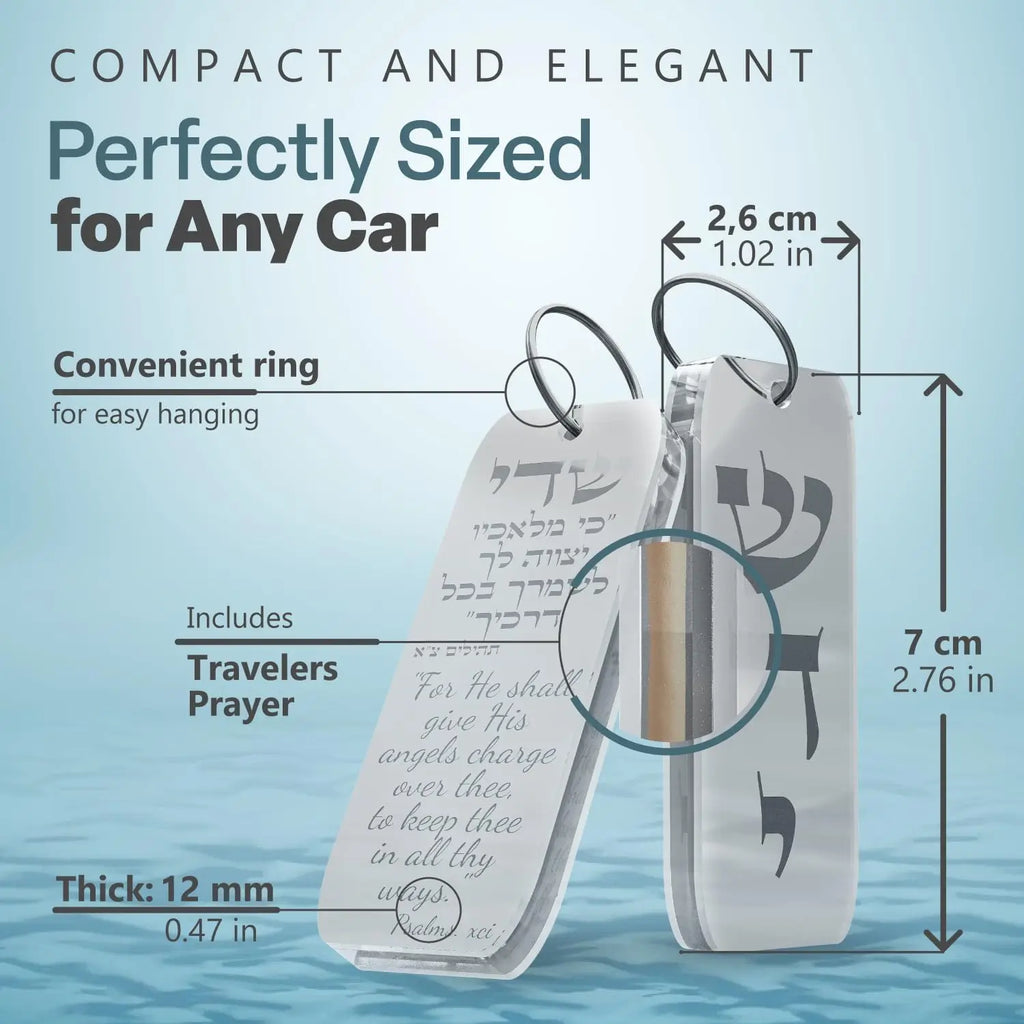 Hanging Car Mezuzah with Traveler's Prayer Scroll – Rearview Mirror Jewish Protection Gift (Golden Mirror, LSN-1107)