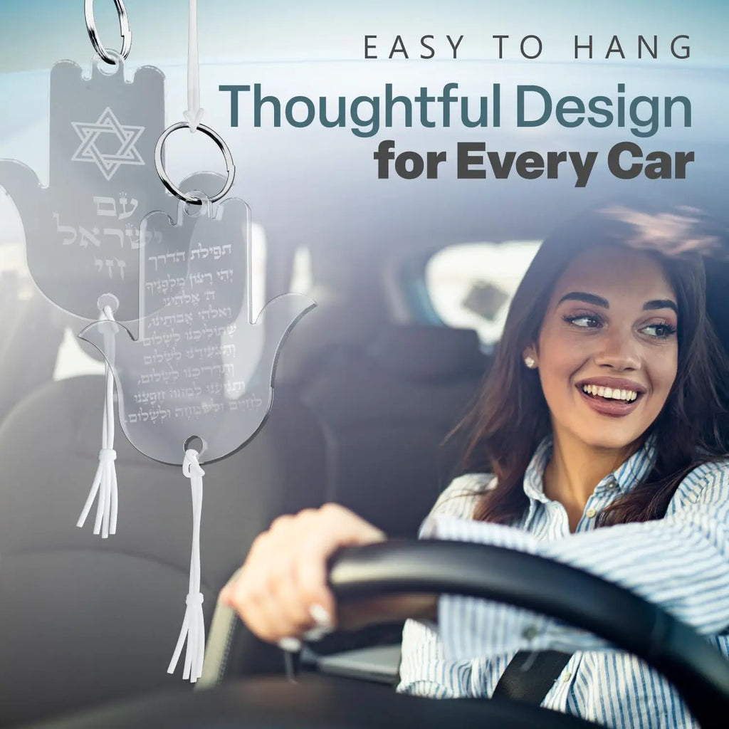 Hanging Car Hamsa with Traveler's Prayer & Am Yisrael Chai – Rearview Mirror Jewish Protection Gift double sided (Rose Gold Mirror, LSN-1305)