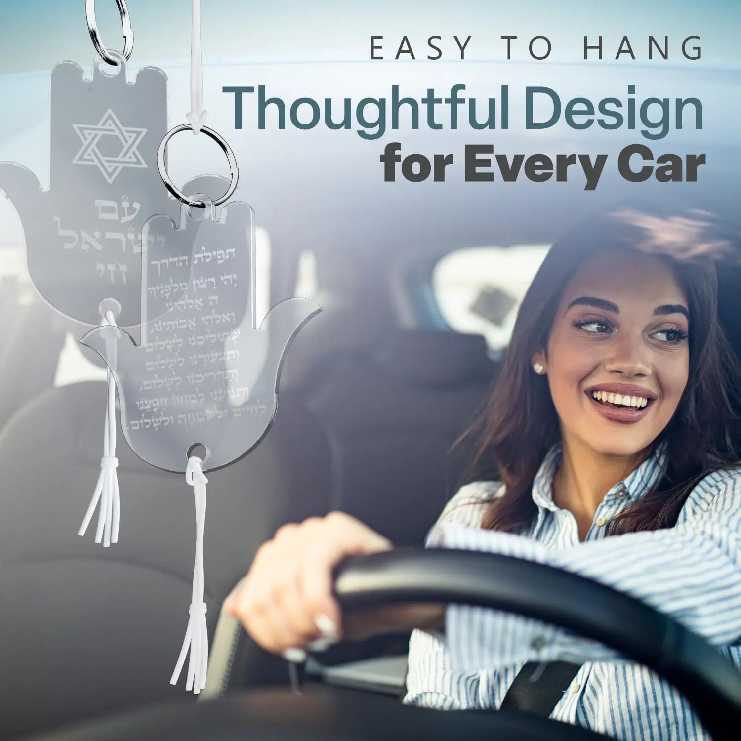 Hanging Car Hamsa with Traveler's Prayer & Am Yisrael Chai – Rearview Mirror Jewish Protection Gift double sided (Rose Gold Mirror, LSN-1305)