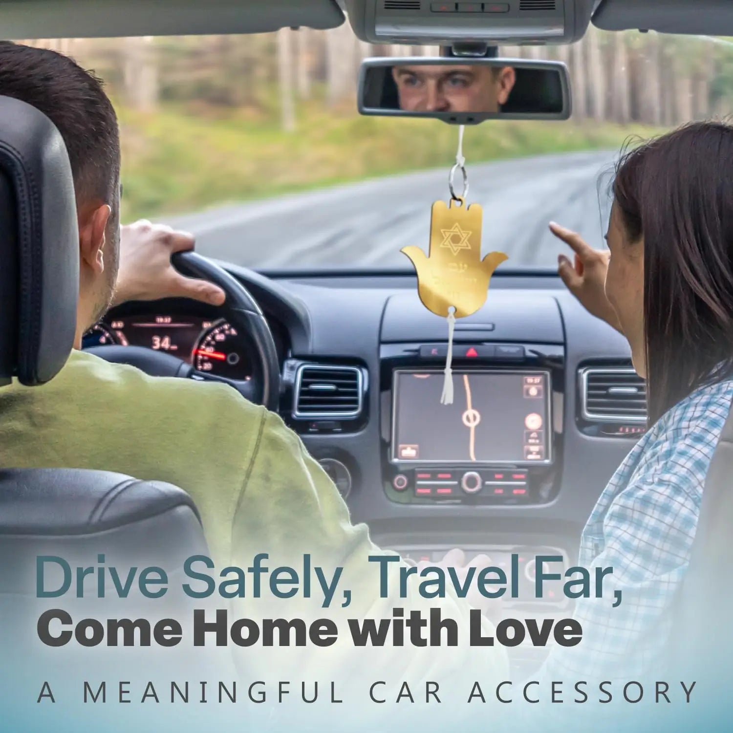 Hanging Car Hamsa with Traveler's Prayer & Am Yisrael Chai – Rearview Mirror Jewish Protection Gift double sided (Rose Gold Mirror, LSN-1305)