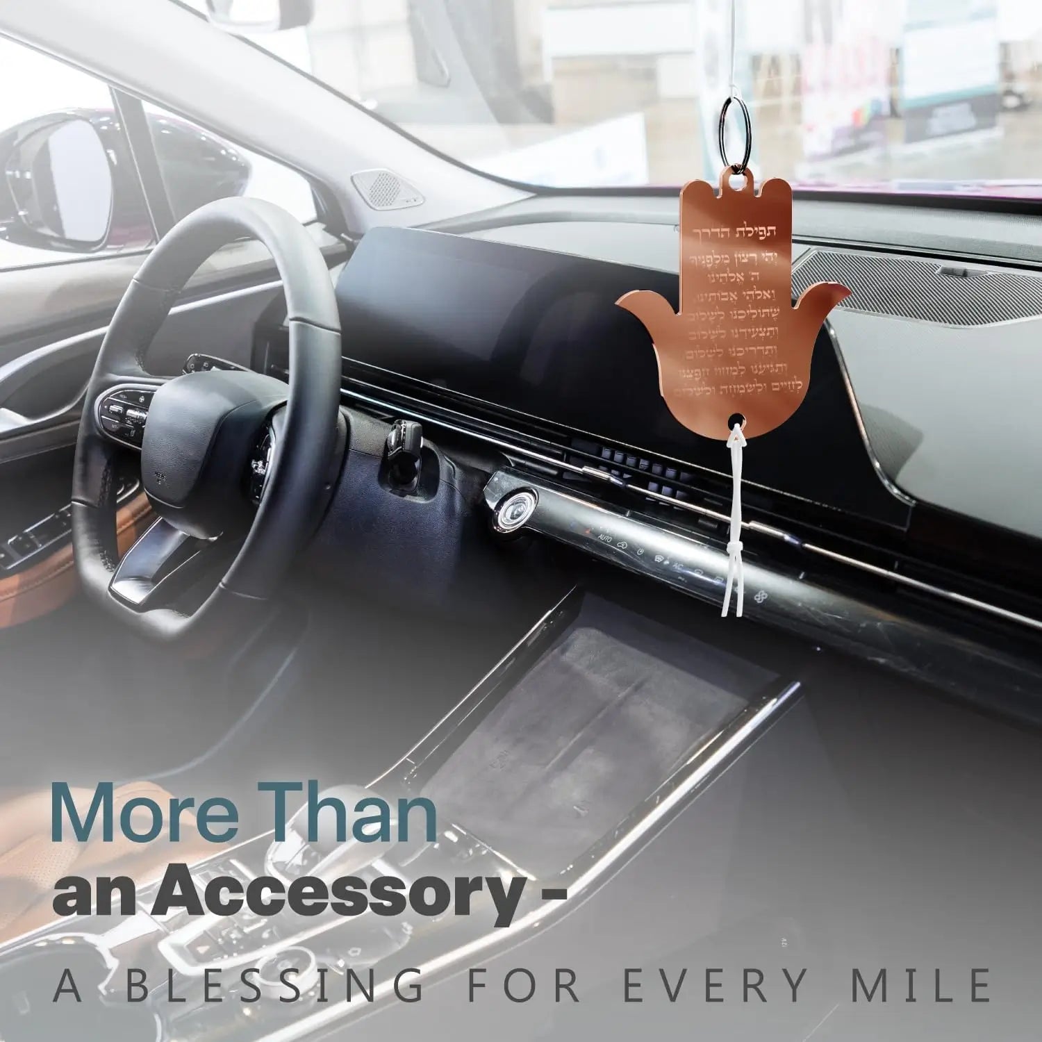 Hanging Car Hamsa with Traveler's Prayer & Am Yisrael Chai – Rearview Mirror Jewish Protection Gift double sided (Rose Gold Mirror, LSN-1305)