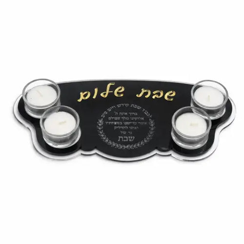 Personalized 4-Candle Shabbat Tray with Blessing – Black & Gold Acrylic Candle Holder for Jewish Homes LSN-4026