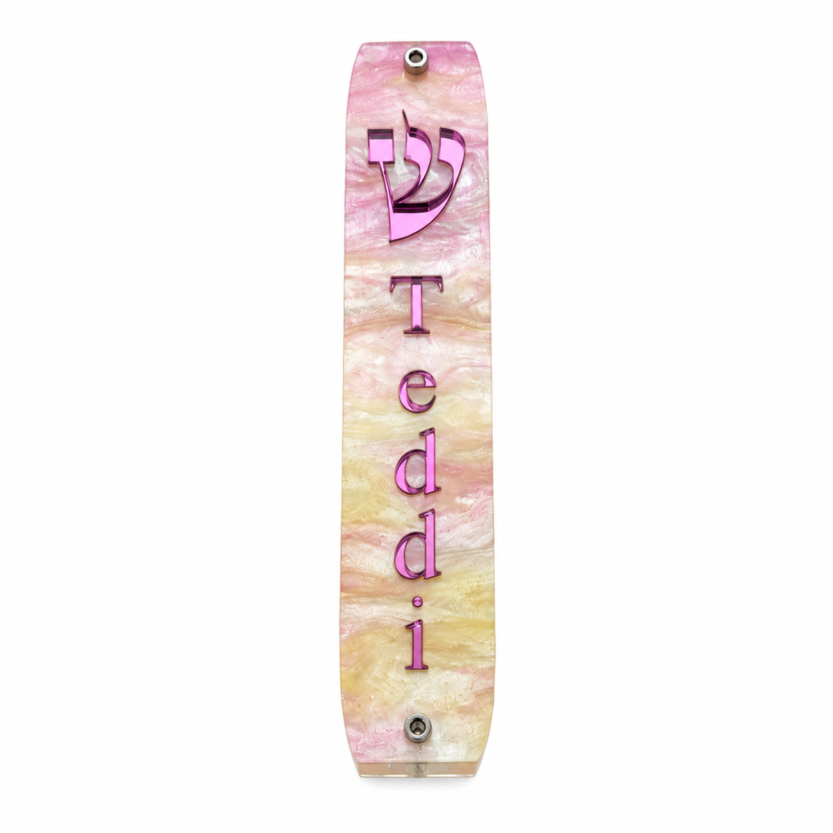 Personalized Genesis Classic Mezuzah for Door - Custom Name - Strawberry Lemon with Pink Mirror Letters
