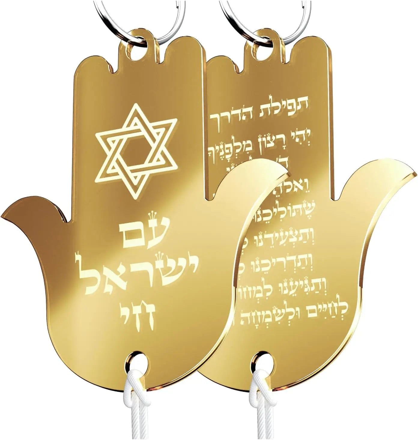 Hanging Car Hamsa with Traveler's Prayer & Am Yisrael Chai – Rearview Mirror Jewish Protection Gift double sided (Golden Mirror, LSN-1302)