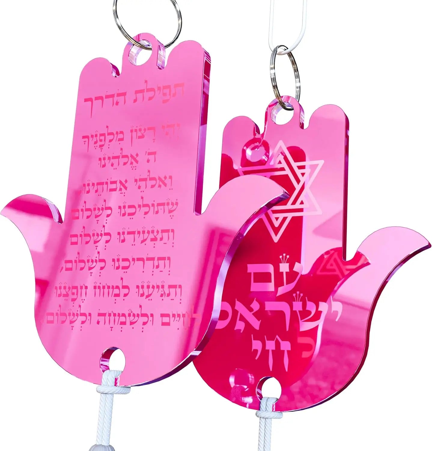 Hanging Car Hamsa with Traveler's Prayer & Am Yisrael Chai – Rearview Mirror Jewish Protection Gift double sided (Pink Mirror, LSN-1306)