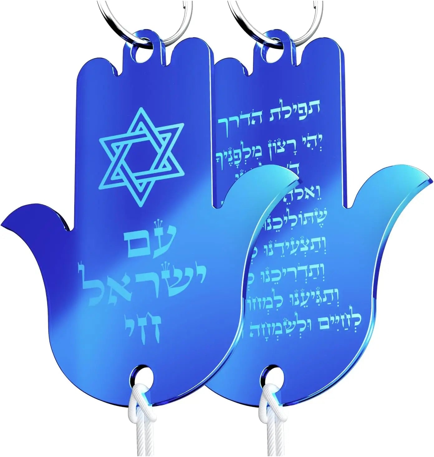 Hanging Car Hamsa with Traveler's Prayer & Am Yisrael Chai – Rearview Mirror Jewish Protection Gift double sided (Sky Blue Mirror, LSN-1303)